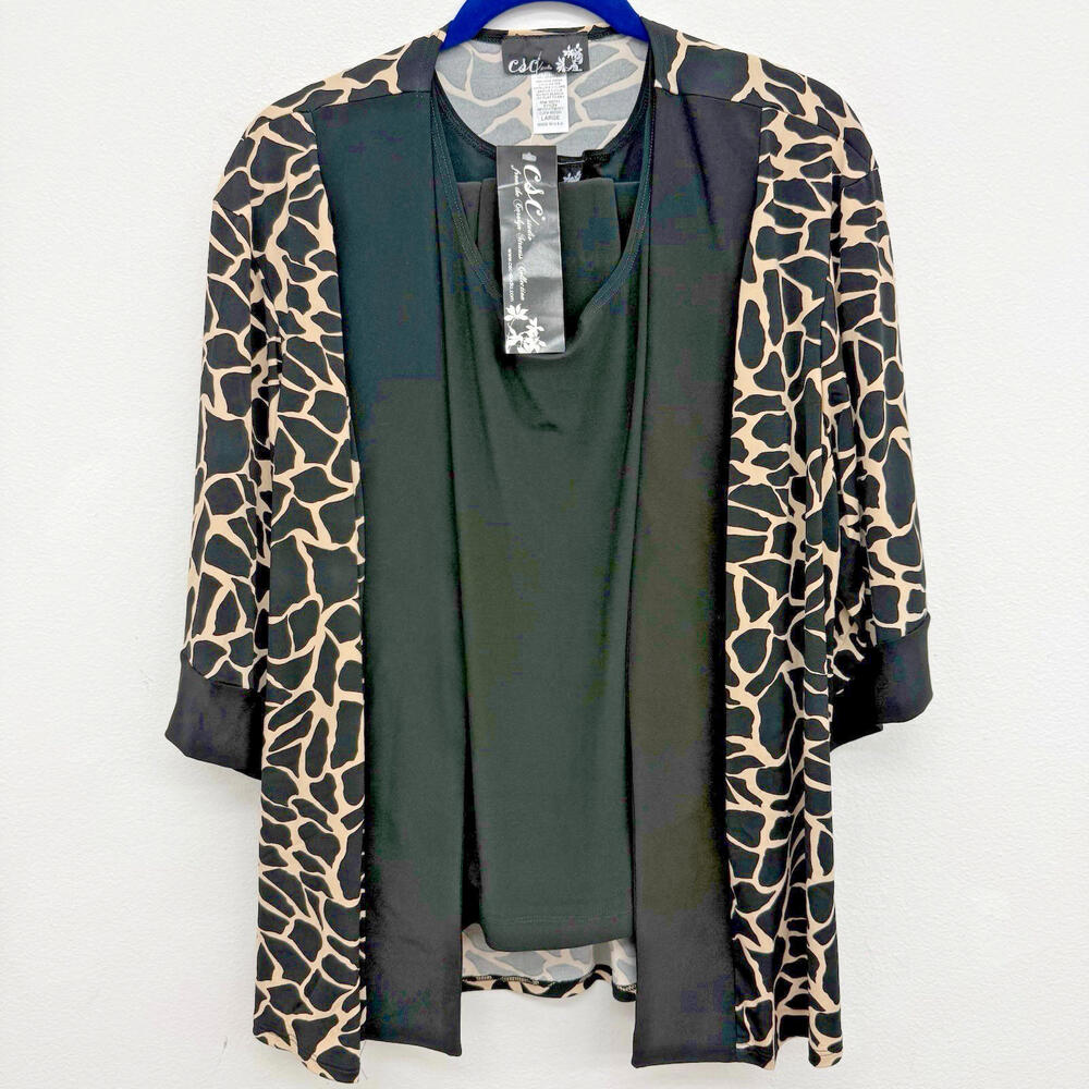 CSC Studio Large 3 pc Open Jacket Tank Top & Pants Set Black With Giraffe Print